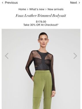 Black Faux Leather-Trim Mesh Bodysuit with Dotted Sheer Panels